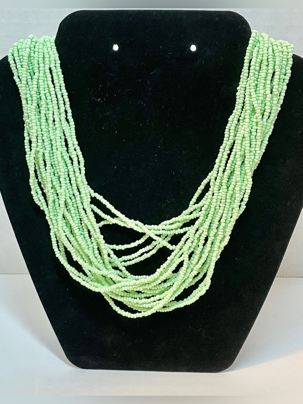 Antique Light Green Hand Made Multi strand Seed Bead Wooden Buckle Necklace, 19”